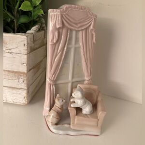 Porcelain Cat Figurine Playing in Front of Window  Made in Taiwan. Vintage